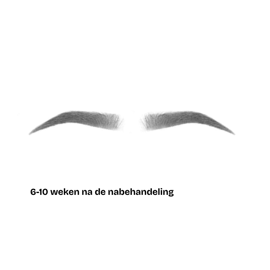 Minimalistische illustratie van een paar wenkbrauwen met daaronder de Nederlandse tekst 6-10 weken na de nabehandeling, waarmee een periode van 6-10 weken wordt aangegeven na een PMU nabehandeling in een beautysalon.
